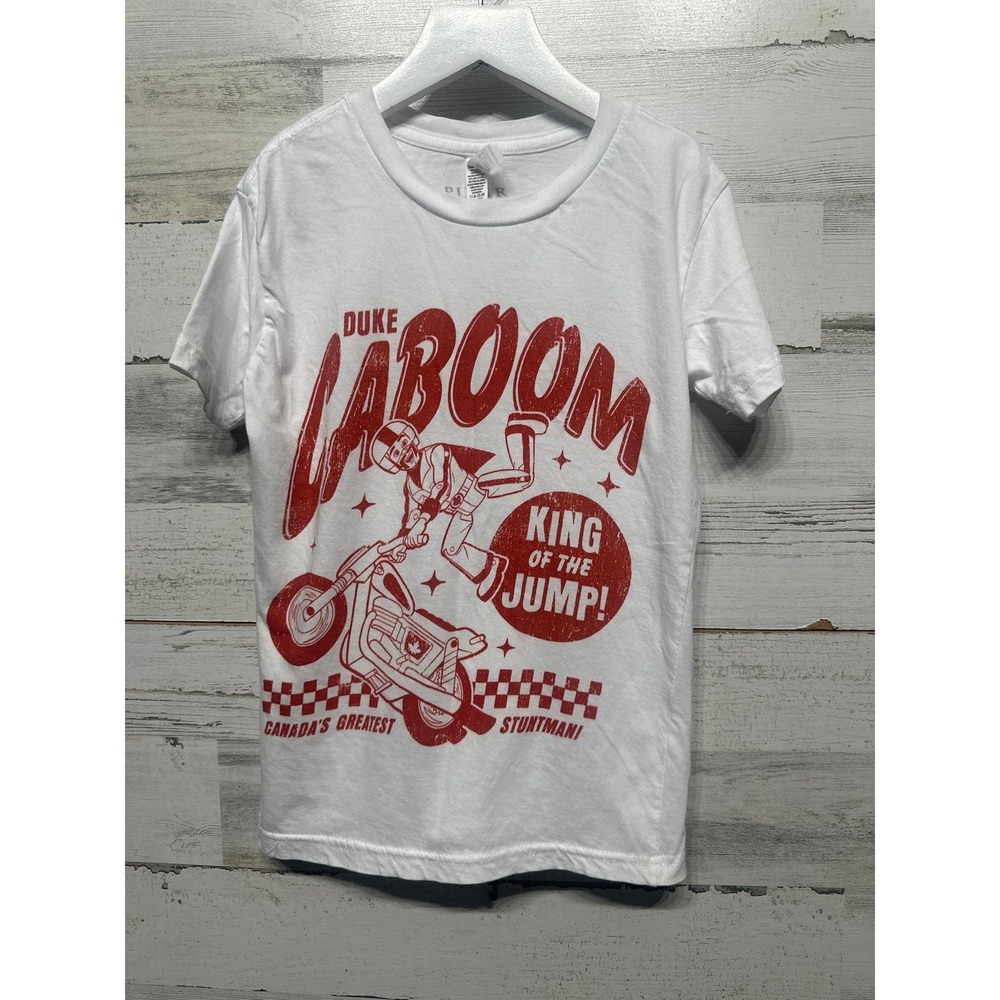 Pixar Toy Story 4 Duke Caboom‎ Graphic Tee Youth Medium White Red Stuntman EUC